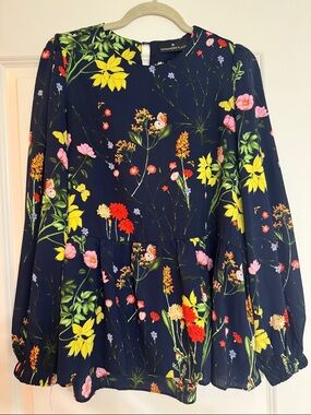 Pomander Place Navy Floral Peplum Top with Yellow Pink Red Blooms